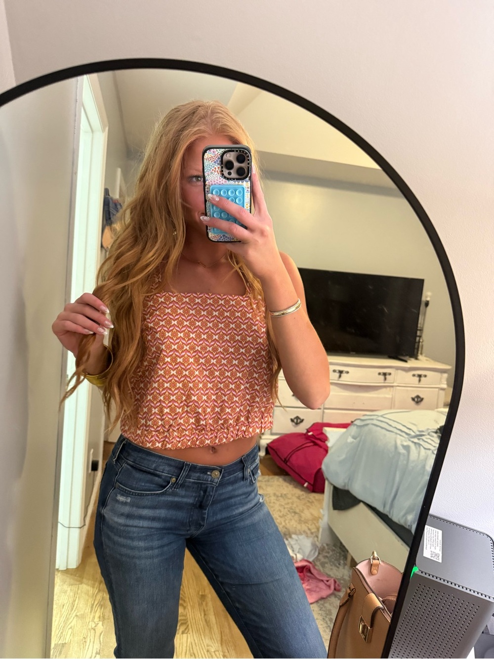 Women's Square-Neck Smocked Crop Top - Orange Pattern